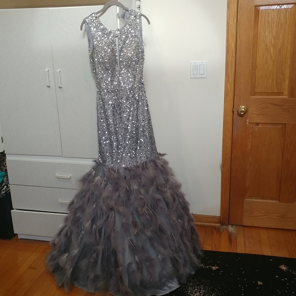 Jovani 32427 Mermaid Sequin Feather Skirt Dress